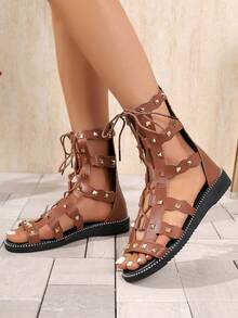 Women's Flat Roman Sandals, Fashionable Lace-Up Flat Sandals, Rubber Sole, Rivet Design - Brown - View 5