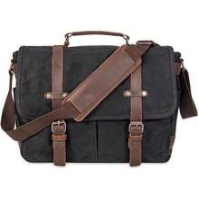 Maletín de lona encerada de cuero genuino vintage, bolso de hombro grande, bolso de computadora resistente para laptop de 15.6" - Negro-3 - Ver 13