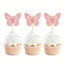 Light Pink Hollow Butterfly Cake Toppers, Creative Double-Layer Cake Decorative Inserts For Baking, Pastry Display - light pink and rose gold - View 9