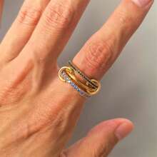 VKHK 1pc Luxury 18K Gold Plated Stainless Steel Blue Zirconia Decor Multi-Layer Round Linked Ring, Suitable For Women, Men, Couples For Daily Wear And Wedding, Gift - Multicolor - View 1