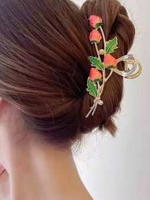 1pc Strawberry Pattern Casual Hair Claw, Medium Size Heart Shaped Pearl Hair Clip, Hair Accessories Gift For Women, Suitable For Daily Use, Valentine's Day Beauty Claw Clips