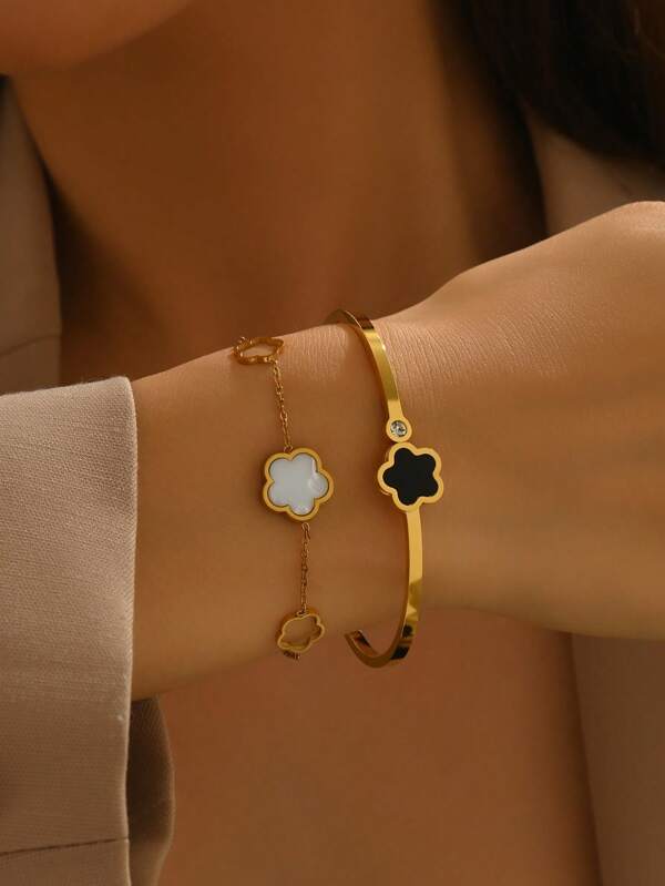 1pc Minimalist Elegant 5-Leaf Clover Stainless Steel Cuff Bracelet, Suitable For Women Everyday Fashion Accessory/Valentine's Day/Birthday Gift