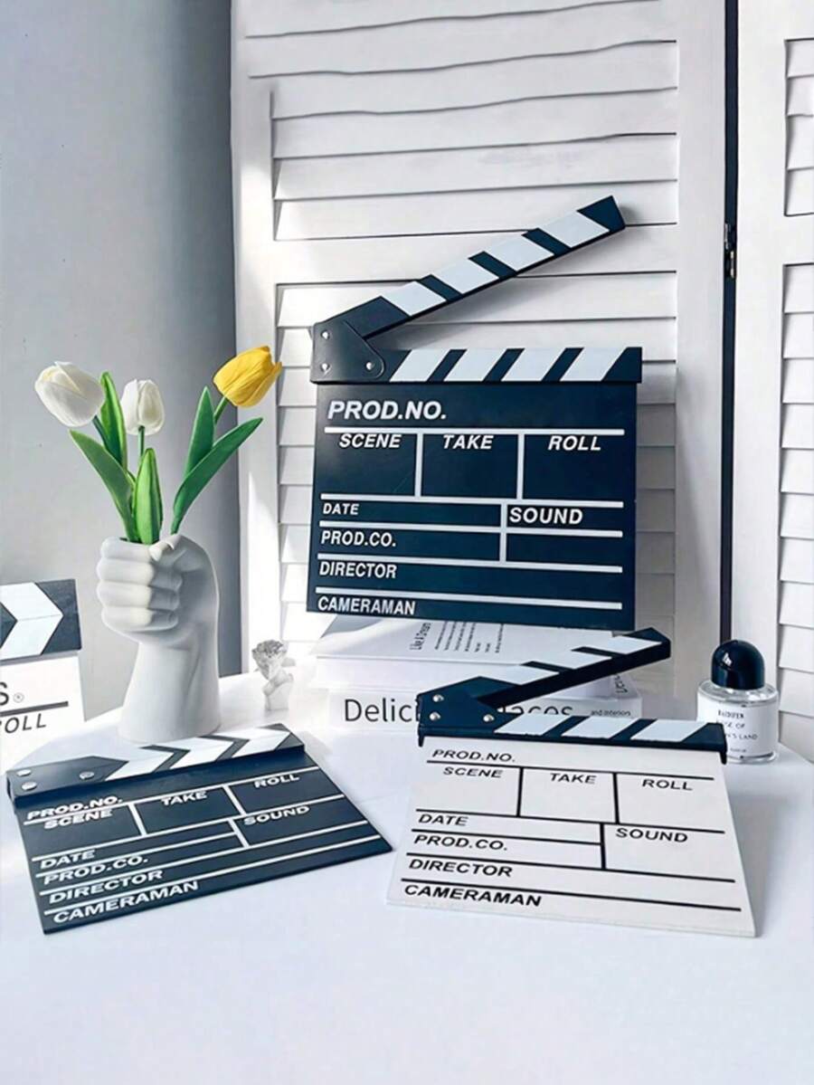 1pc Wooden Movie Clapperboard, Black & White Wooden Director's Film Editing Action Scene Clapper Board, Creative Desktop Decor, Photography Prop, Suitable For Room, Home, Festival, Celebration, Indoor & Outdoor Use, 7.9x7.9 Inches, 20x20 Cm - Multicolor - View 1