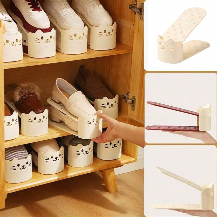 1PC/2pcs Design A Cute Cat Face Shoe Storage Device With A Multifunctional Double-Layer Adjustable Shoe Storage System And A Space Saving Shoe Rack With Paw Prints. The Double-Layer Adjustable Shoe Rack Saves Space By Organizing Shoe Holders With Layered Partitions And Shoe Storage Shelves - White - View 1