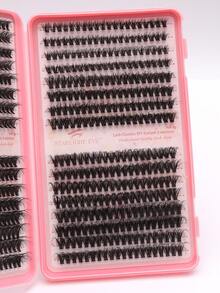 640片D型卷翘蓬松簇状假睫毛，7D扇形睫毛（40D+50D），5D蓬松效果，混合长度8-16mm，打造凌乱而浓密的妆效，可重复使用的单段式假睫毛嫁接套装，适合初学者、日常、婚礼、约会、派对、音乐节、万圣节等场合。
