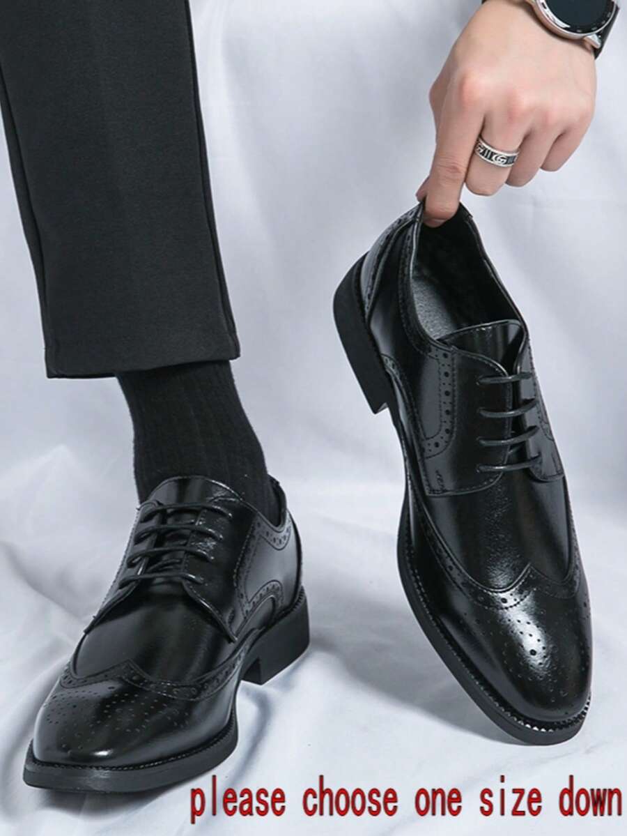 男士尖头牛津鞋轻质雕花布洛克商务正装休闲皮革系带鞋，适合婚礼