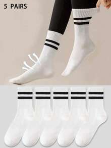 5 Pairs Unisex White Mid-Calf Socks, Breathable Comfortable Couples Socks, All Season, Fall Socks - White - View 5