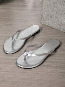 Flat Flip Flops Sandals For Women, Summer Open Toe Casual Woven Roman Sandals, Suitable For Dress, Beach, Pool, Apartment, White, Beige, Black, Orange, Yellow, Purple, Grey, Gold, Silver, Blue, Green, Rose Red, Brown, Leopard Print, Formal, Vacation, Navy Blue, Walking, Rhinestone, Canvas, Comfortable Slip-On Sandals - Silver - View 4