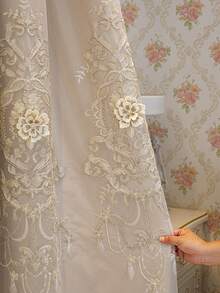 1 件奢华双层刺绣遮光窗帘，带 3D 浮雕花朵薄纱面料，现成，适用于客厅和卧室、窗户 - 米色 - 查看 7