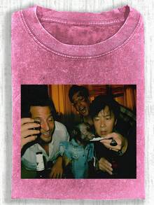 230g Water Washed, Enjoy Life Together With Printed T-Shirts, High-Quality Wax Printed Cotton Retro Fashion Brand T-Shirts, Men's T-Shirts, Beach Essentials, Men's Summer Clothes Summer T-Shirts, Holiday Gifts, Perfect Gifts - 玫紅色 - 查看 1