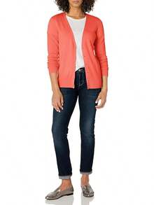 Women's Lightweight V‑Neck Cardigan Sweater - Open Front Long Sleeve Soft Knit Plus Size Available - Coral Pink - View 4