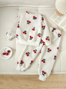 Chatreadl Kleine Mädchen 2-teiliges Set, süß mit 3D Kirschplüsch, Langarm und Hose, Lässig Rundhals Anzug, Hauskleidung geeignet für Herbst und Winter