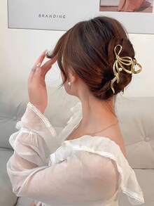 1pc High-End Elegant Bow Claw Clip For Women, Large Size Hair Accessory, Minimalist Chic Style Hair Claw Clip For Back Of Head Fashion Hair Accessories Elegant Hair Clip Fall Winter For Vacation Outfits Woman - Gold - View 2
