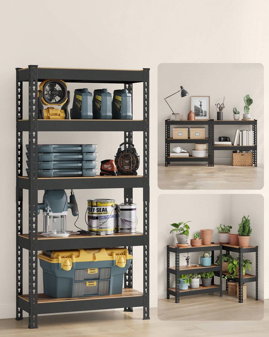 Étagère pour Charges Lourdes, Étagère de Rangement, Étagère de Cuisine, 5 Niveaux, 30 x 75 x 150 cm, Capacité de Charge 875 kg, pour Cave, Garage, Bureau, Marron Rustique - Marron + Noir - Voir 1