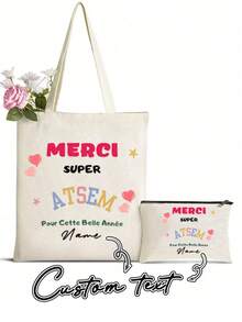 定制法式印花手提袋、教师主题手提包和化妆包、字母印花手提袋配化妆包、海滩度假风格字母购物袋 - 彩色 - 查看 5