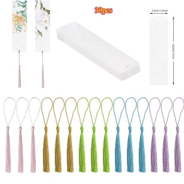 30pcs Set Of 15 Plastic Bookmarks With 15 Tassels, Clear Acrylic Bookmarks With Tassels - Punched Design, Customizable Patterns, Suitable For Readers, Party Gifts And Decorations, School Supplies,Back To School