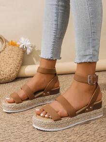 Women's Strap Buckle Sandals, Summer Casual Fashion Wedge Platform Sandals, Solid Color Bohemian Strappy Woven Shoes, Suitable For Spring & Summer