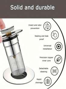 1/2/4pcs Stainless Steel Sink Drain Stopper With Filter Basket, Press-Down Odor-Proof Mechanism, Bathroom Sink Drain Filter