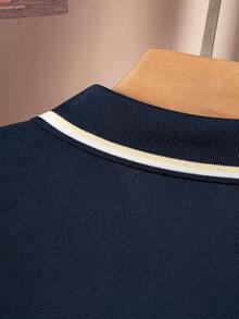 Áo thun polo tay ngắn cổ bẻ kẻ sọc xanh navy cổ điển dành cho bé trai tuổi teen, thích hợp mặc đi học, tụ tập và mặc hàng ngày - Màu xanh hải quân - Xem 5