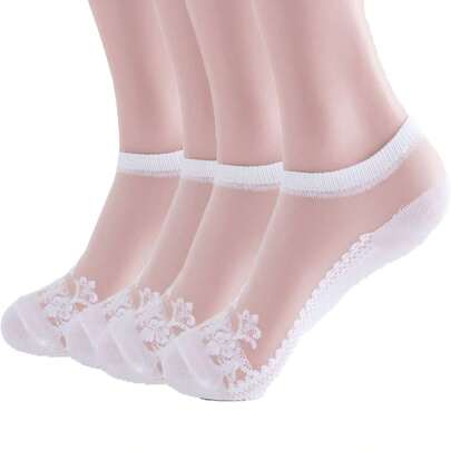 4 Pairs/Pack Ladies' Jacquard Lace Solid Color Stockings, Anti-Hook Thin Low-Cut Invisible Socks