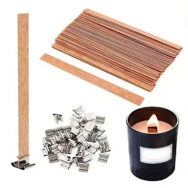 TOEDO 30 piezas de alta calidad Mechas de vela de madera con base de clip, suministros para hacer velas de parafina y cera de abeja sin humo