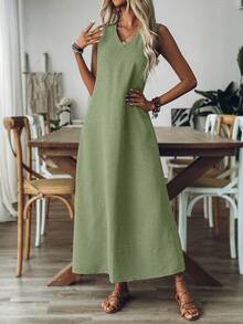 Vestido Longo Simples Sem Mangas de gola V para com colete, vestidos soltos sem mangas retrô de verão - Verde - Visão 5
