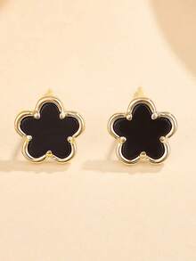 1 套 925 纯银防过敏幸运四叶草项链、吊坠耳环 - 五叶花图案镶嵌人造黑玛瑙 - 甜美可爱，适合女孩日常佩戴/派对 - 送给女儿朋友的理想幸运礼物