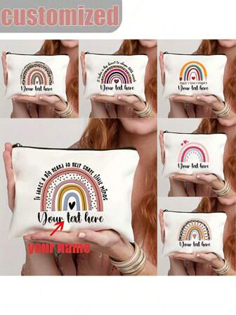 1PC Customized Gift Personalised Teacher Bag - Custom Rainbow Jute Toiletry Bag With Floral Design, Comes With Box, Stylish, Durable, Versatile, Ideal Thank You Gift For TA, School Leaver, Or Teaching Assistant, Anniversaries, Weddings, Christmas, Suitable For Friends, Family, Couples, Men, Women