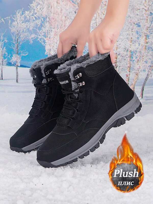 Botas de nieve para hombre, resistentes al agua y con forro térmico, tallas grandes 47/48, botas de senderismo cálidas para exteriores, suelas antideslizantes y duraderas, color negro/gris, aptas para uso diario, senderismo al aire libre, trekking en clima frío invernal