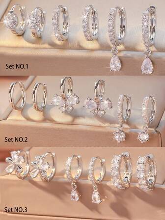 6pcs/Set Copper Zirconia Stone Fashionable High-End Multi-Element Earrings Set, Exquisite Versatile Women's Holiday Party Date Decoration Gift