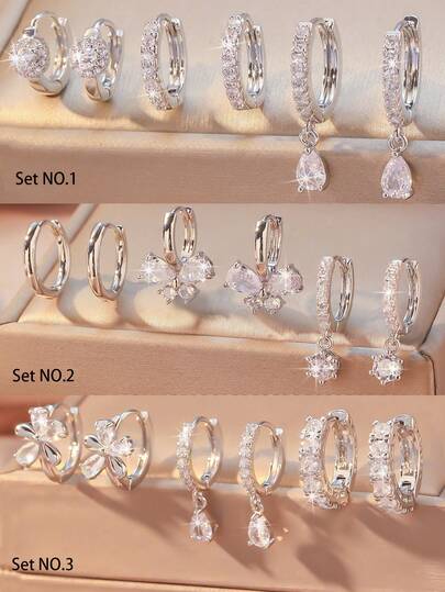 6 件套铜锆石优雅多元素耳环耳钉套装，精致百搭女士派对/约会/礼物配饰