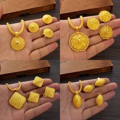 3pcs/Set African Arabian Golden Color Classic Geometric Pattern Jewelry Set, Earrings, Rings, Necklace Combo, Women Daily Outfit, Middle Eastern Party, Birthday, Wedding Gift
