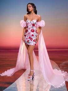 Anymoon Women's Floral Embroidered Patchwork Flowing Formal Gown, Elegant Maxi Dress