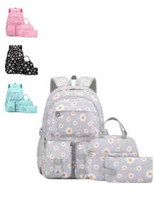 Set 3 buc. rucsac imprimat cu cutie de prânz și penar, design cu compartimente multiple, închidere cu fermoar, căptușeală din poliester, curea de umăr reglabilă, buzunar lateral pentru sticlă de apă, potrivit pentru utilizare zilnică, exterior, călătorii, rucsac din poliester impermeabil și durabil, cadou pentru întoarcerea la școală