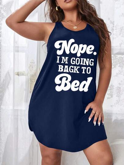 Nuevo pijama informal y sexy de talla grande para mujer - unicolor, camisón de tirantes escote en V de talla grande, camisón sin mangas sencillo y casual, adecuado como regalo del Día de San Valentín, con estampado del eslogan "Nope, vuelvo a la cama"