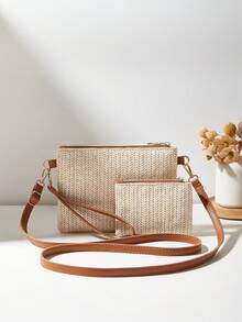 Conjunto de 2 piezas: Bolso de hombro de paja con estilo nuevo, bolso bandolera, cartera de embrague y monedero para mujeres - Marrón - Ver 5