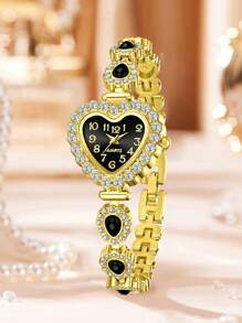 7 pièces Ensemble de bijoux femme comprenant : montre à quartz avec boîtier forme cœur et chiffres arabes, bracelet, collier, boucles d'oreilles et bague. Doré, mode et magnifique. Convient pour le port quotidien, la décoration ou en cadeau pour les fêtes.