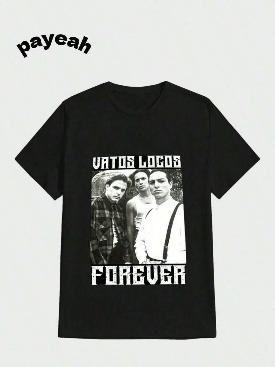 Camiseta Payeah VATOS LOCOS FOREVER, impresión digital casual, camiseta de algodón pesado puro - Negro - Ver 1