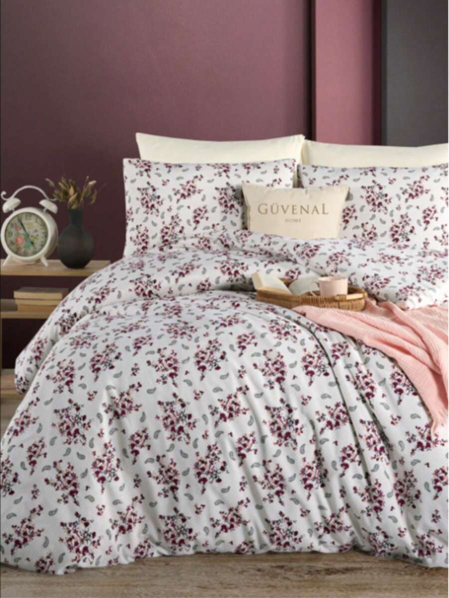 Made In Turkey - Güvenal LEO %100 Cotton Double Bed Duvet Cover Set With Fitted Sheet And 2 Pillowcases - 200x220 Cm Button Closure Duvet + 180x200+30 Cm Fitted Sheet + 2x 50x70 Cm Envelope Pillowcases - Purple - View 1