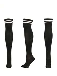 1 par de calcetines muslo alto de mujer de unicolor, estilosos y cómodos, con dos rayas, versátiles para todas las estaciones