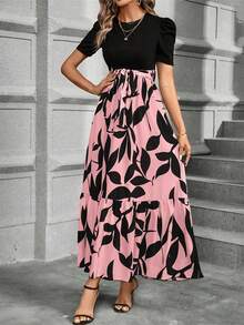Floral Print Crew Neck Dress, Elegant Short Sleeve Tie Waist A-Line Ankle Length, Dress For Spring & Summer, Round Neck, Short Sleeve, Women's Clothing - 粉色 - 查看 1