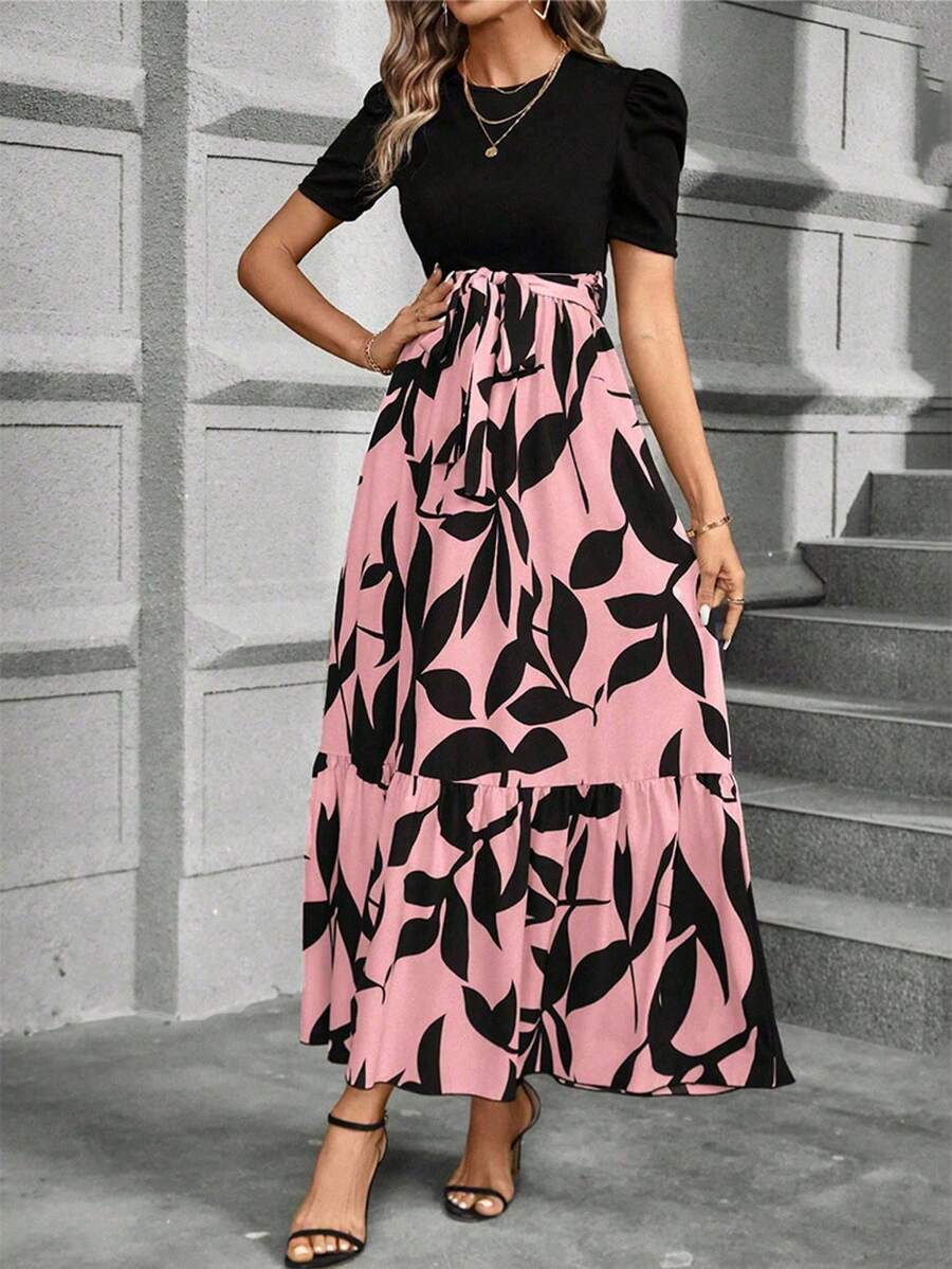 Floral Print Crew Neck Dress, Elegant Short Sleeve Tie Waist A-Line Ankle Length, Dress For Spring & Summer, Round Neck, Short Sleeve, Women's Clothing - 粉色 - 查看 1