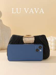 LU VAVA Black Pleated Bride Clutch: Gold Clamshell Lock & Detachable Chain - Formal Evening Essential,BridalPartyClutch,GoldAccentBag,DesignerEveningBag,LuxuryPleatedClutch,WeddingGuestStyle