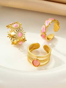 3pcs Stainless Steel Women's Stylish Set Of Gold, Pink & Gemstone Rings, Suitable For Daily Wear Or As A Gift