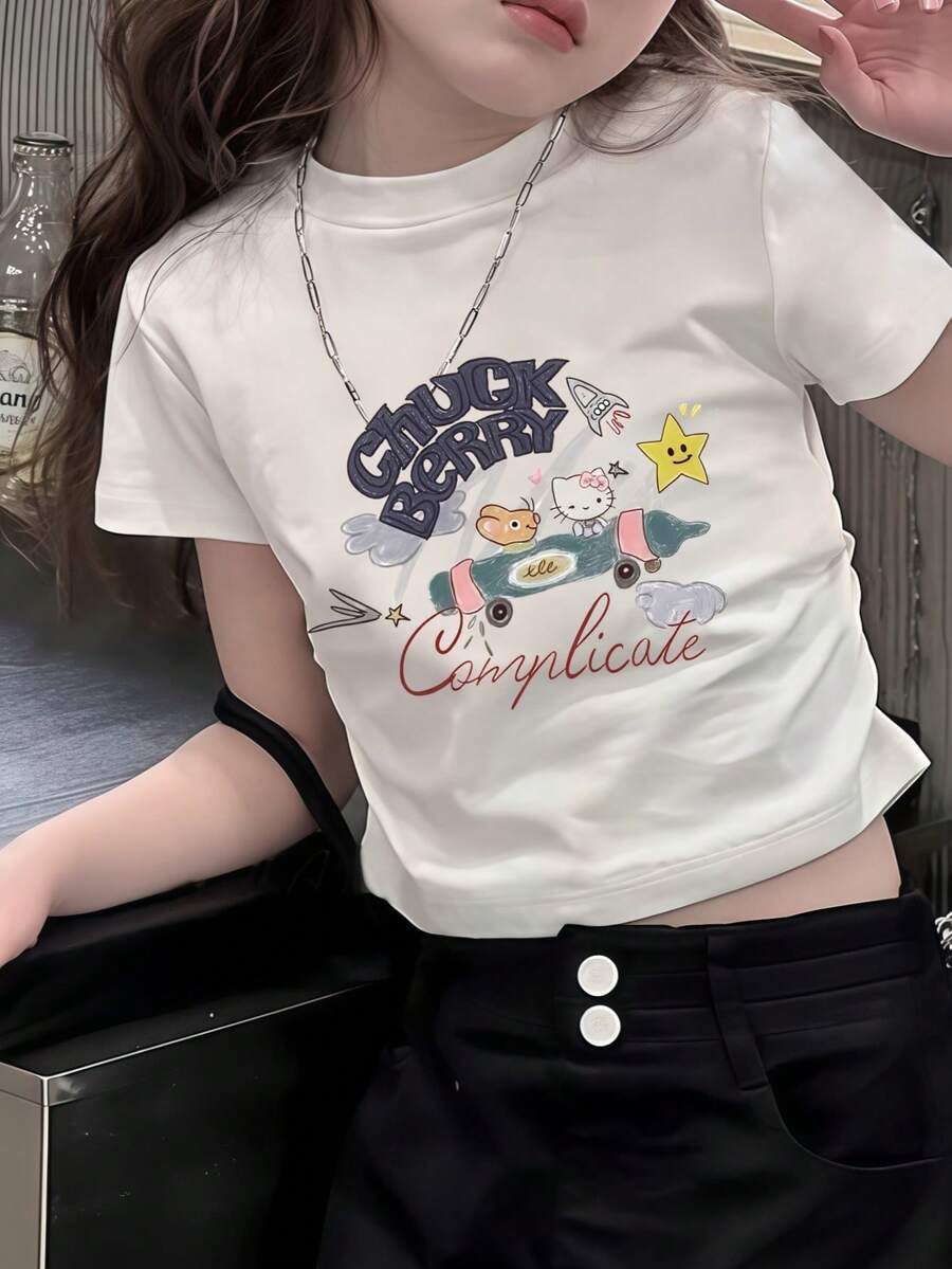 Sanrio 1 قطعة تيشيرت صغير كم قصير للبنات ، مطبوع برسومات كيتي السلام الكرتونية لطيفة وقابل للتنفس