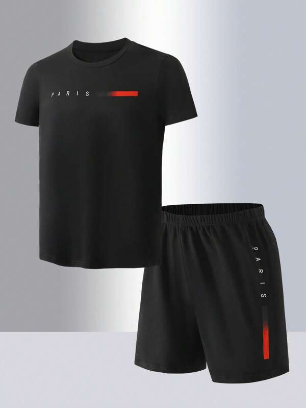 2pcs Set Teenage Boy Summer Casual Letter Graphic T-Shirt And Shorts Set