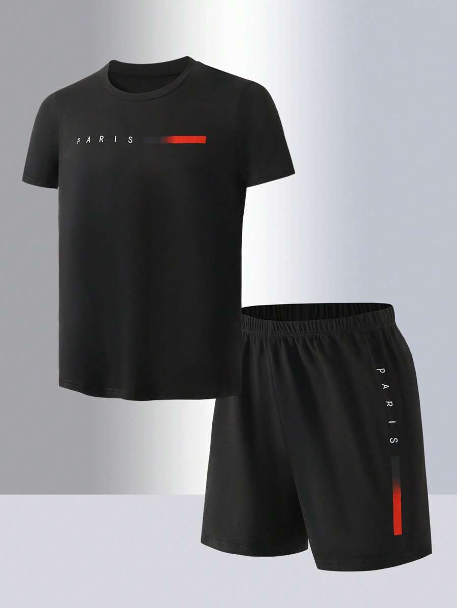 2pcs Set Teenage Boy Summer Casual Letter Graphic T-Shirt And Shorts Set