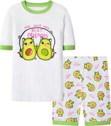 Girls Pure Cotton Summer Pjs Size 2T-14Years, Little Girls Short Sleeve 4-Piece Sleepwear Kids Toddler Pajamas Set - Quả bơ và quả dứa dễ thương - Xem 2