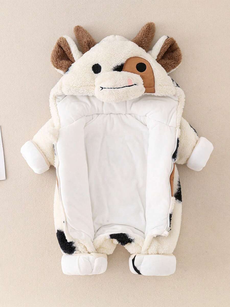 Unisex Baby Flannel Animals Costume Cosplay Jumpsuit For Christmas Halloween Toddler Winter Front Zip Hooded Romper - Beige - View 1