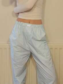 Women Wide Leg Pants Casual Loose Vertical Stripe Print Elastic Lounge Trousers With Pockets For Work Office Streetwear - 淺藍色 - 查看 6